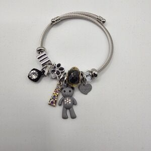 Silver Tone Cable Wire Bangle Bracelet Teddy Bear Heart Crystal Charms Silver